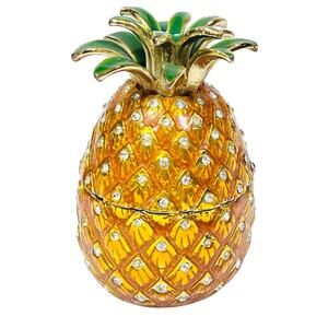 Pineapple Shaped Ceramic Hinged Trinket Box Porcelain Crystals Gold Yellow Green